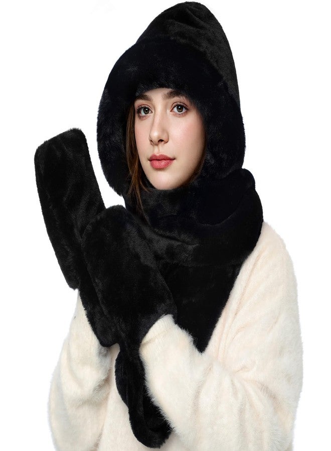 Premillow Winter Hat Scarf Gloves Set for Women, Warm 3-in-1 Hooded Scarf Hat Gloves Set with Pocket Mitts Stylish Cute Faux Fur Hats for Adults, Black - Image 1